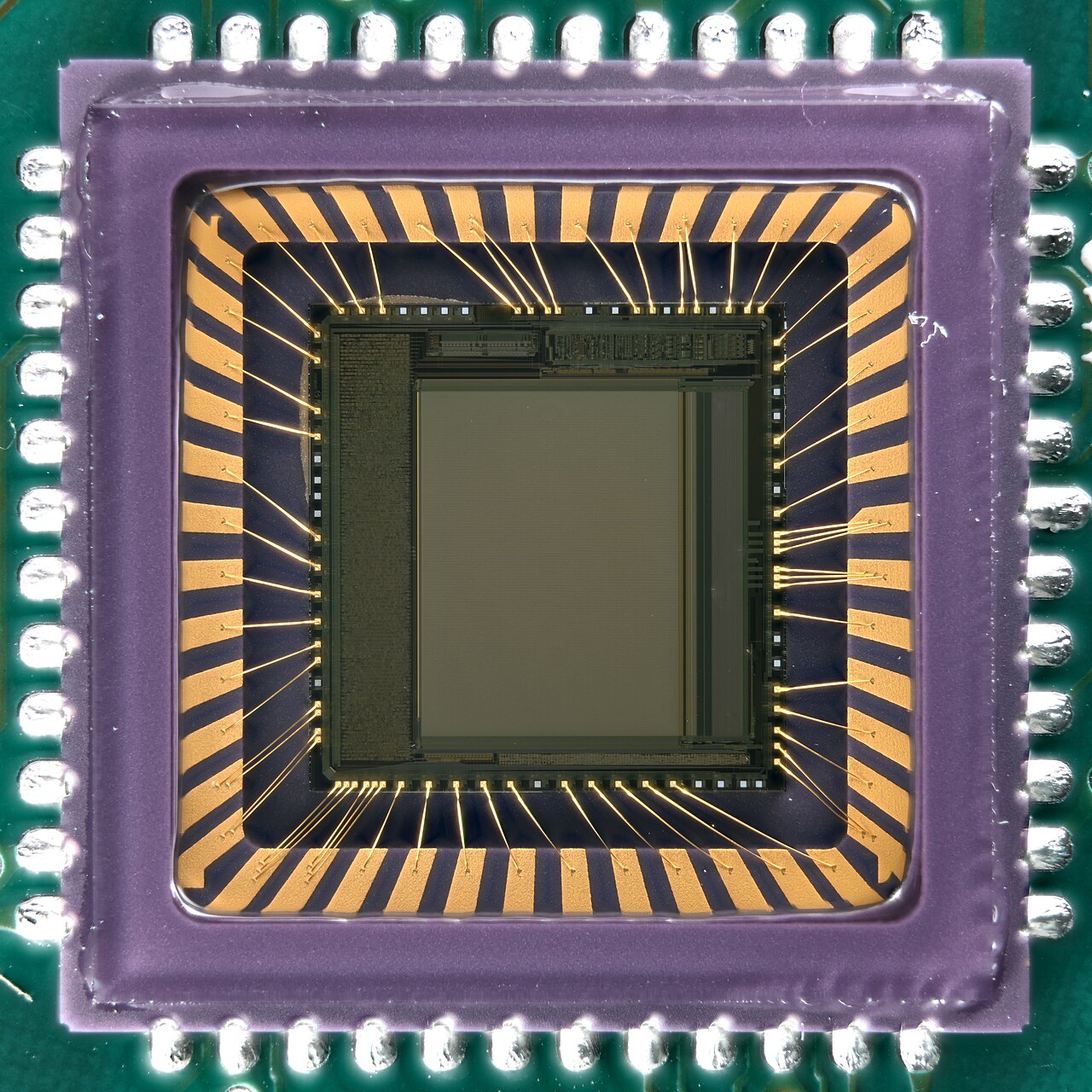 Close-up of a bare CMOS image sensor die