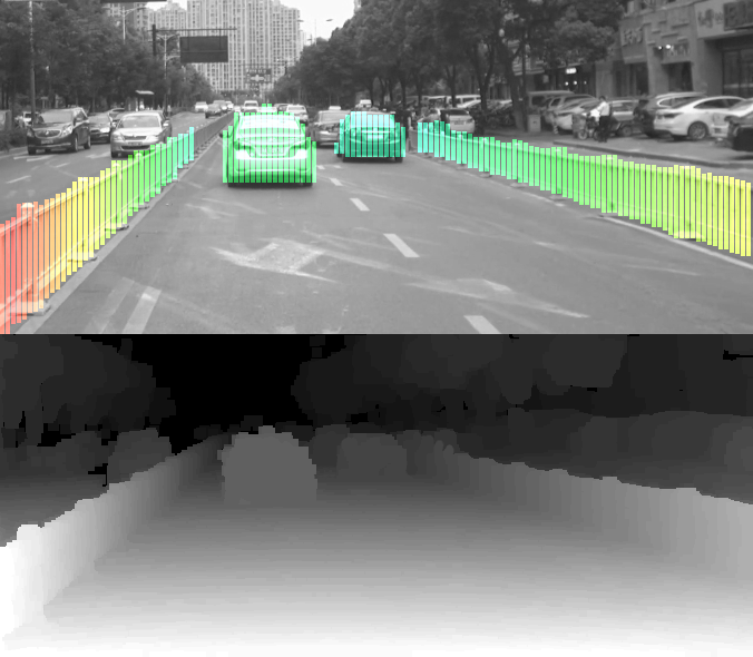 Street scene with computed dense depth map